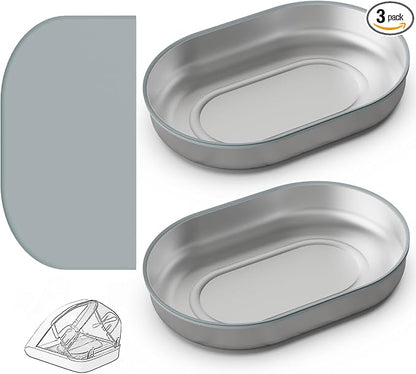 Stainless Steel Bowl Set for Automatic Microchip Cat Feeder, SUS 304 Grade, Sealing Ring to Keep Food Fresh & Reduce Odor, Easy to Clean, Includes 2 Bowls & 1 Mat