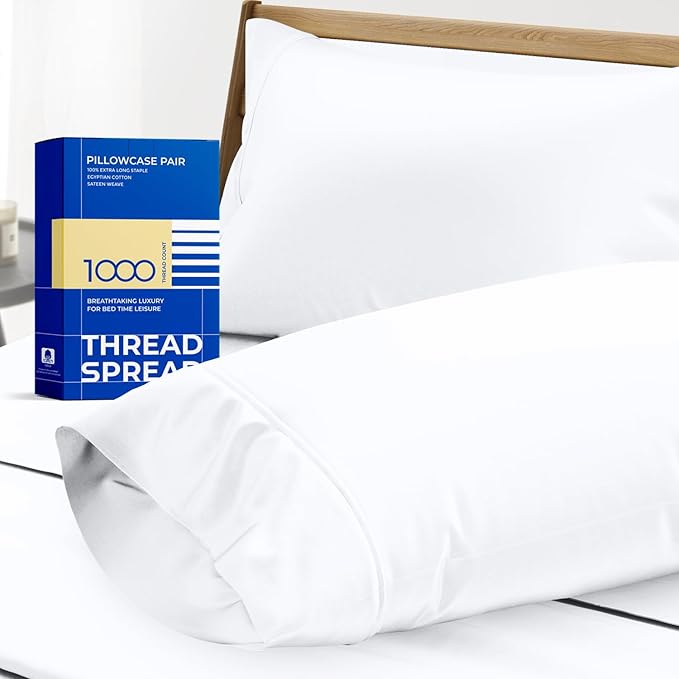 Thread Spread 100% Egyptian Cotton King Size Pillow Cases Set of 2 - Luxury 1000 Series Paradise Collection Pillow Cases King Size (White), Soft Cooling Hotel Egyptian Cotton Pillowcases