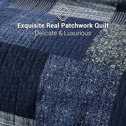 Yvooxny Quilts Queen Size Reversible Lightweight Bedspread 3-Piece Quilt Set Plaid Floral Patchwork 100% Cotton Queen Quilt Set Bedding Set with Pillow Shams for All Seasons, Azure Blue, 90x98''