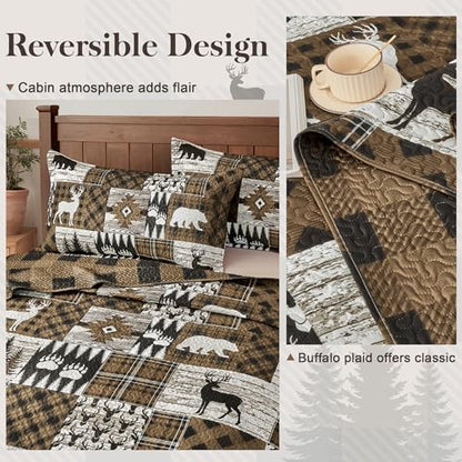 3 Piece Cabin Full/Queen Quilt Sets Farmhouse Rustic Reversible Microfiber Soft Lightweight Bedspread Coverlet with 2 Shams Patchwork Country Lodge Bedding Quilts Set for All Season, 90''x96'', Brown
