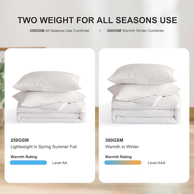 COTTEBED White Comforter King Size Set Bed, Luxury Hotel Super Soft Fluffy Washed Cotton, 1 Down Comforter 2 Pillowsham, Lightweight Modern Solid Bedding Collection All Season (White,King/Cal King)