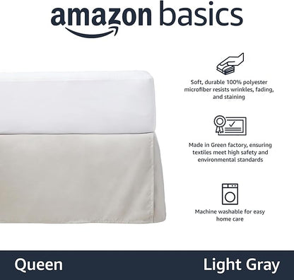 Amazon Basics Lightweight Pleated Bed Skirt, Machine Washable, Wrinkle and Fade Resistant, Queen, Light Grey, 16-Inch Drop