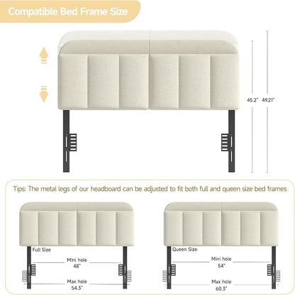 Adjustable Headboard for Full/Queen Size Bed Frame, Linen Fabric Bed Headboard with Storage & RGB LED Light in Modern Vertical Channel Design, White