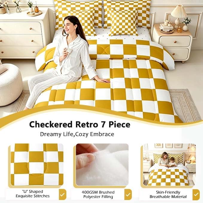 Feelyou Checkered 7 Piece Bedding Set Teen Yellow White Plaid Decoration Comforter Set with Sheets Twin Size Kids Boys Cute Retro Neutral Grid Geometric Bed in a Bag Vintage Aesthetic Room Decor