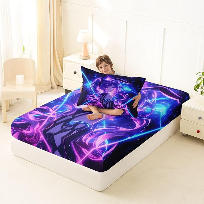 Erosebridal 3D Anime Twin Bed Sheets Japanese Girl Fitted Sheet,Girly Galaxy Stars Kids Bedding Sets Purple Neon Sheets with 1 Pillowcase