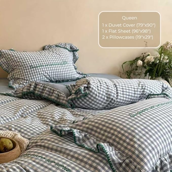 CRUSHIMO Morning Mist Gingham Washed Cotton Duvet Cover Set - Shabby Chic Gingham Plaid Bedding with Ruffle Trim & Triangle Stitching - Ultra Soft Breathable Comforter Cover (Sea Salt Blue, Queen)