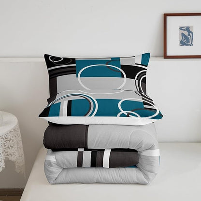 Erosebridal Modern Turquoise Decor Comforter Set Gray Black Blue Stripe Geometric Down Comforter Twin Size Retro Circle Swirls Bedding Set Modern Abstract Texture Color Art Duvet Set