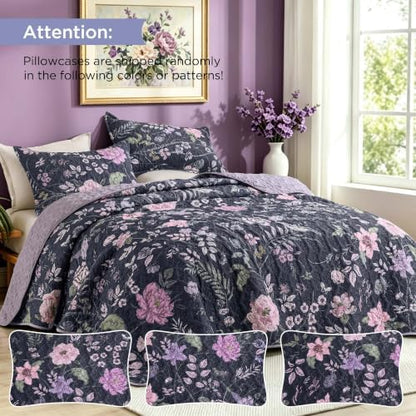 Litanika Floral Dark Purple Quilt - 3Pcs Botanical Birds Pattren Bed Set