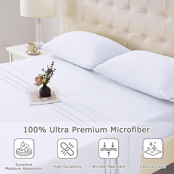 King Size Bed Sheet Set - 4 Piece Soft Microfiber Sheets with Deep Pockets, Cooling Technology, and Wrinkle-Free Pillowcase. Hotel-Quality, Durable Bedding, Brilliant White