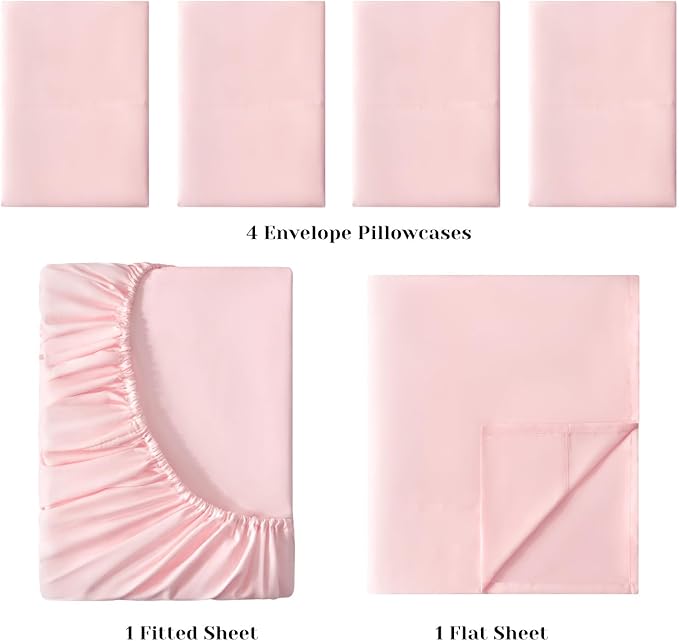 BYSURE 6 Pieces Bed Sheets Set(Queen, Light Pink) - Super Soft 1800 Thread Count 100% Microfiber Sheets with Deep Pockets, Wrinkle & Fade Resistant