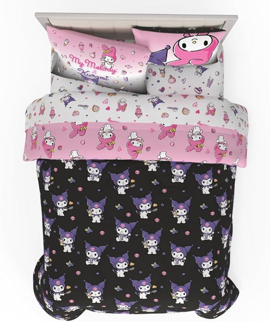 Sanrio Kuromi & My Melody Bedding 7 Piece Super Soft Cozy Reversible Comforter and Sheet Set with Sham, Queen, (100% Official Licensed Product) By Franco