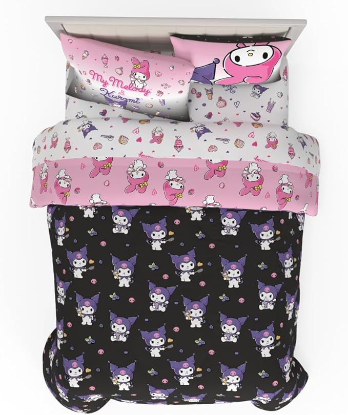 Sanrio Kuromi & My Melody Bedding 7 Piece Super Soft Cozy Reversible Comforter and Sheet Set with Sham, Full, (Officially Licensed Product) By Franco