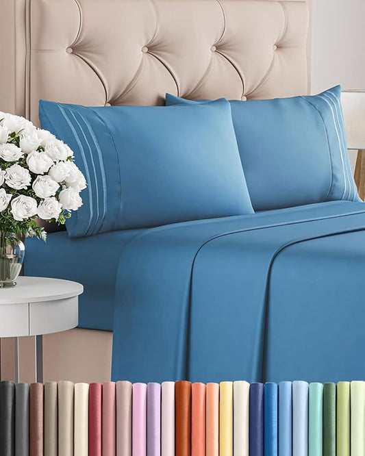 Queen Size 4 Piece Sheet Set - Comfy Breathable & Cooling Bed Sheets Set - Hotel Luxury Bedding for Women, Men, Kids, Teens, Boys & Girls - Deep Pockets, Soft and Wrinkle Free - Oeko-Tex - Denim Blue