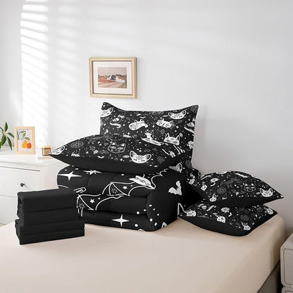 Castle Fairy Bohemia Cat Comforter Set King Size,Gothic Cats Bats Skull Bed Set 7pcs with Comforter,Fitted Sheet,Flat Sheet,2 Pillowcases,2 Throw Pillow Covers,Glitter Star Diamond Bedding Set