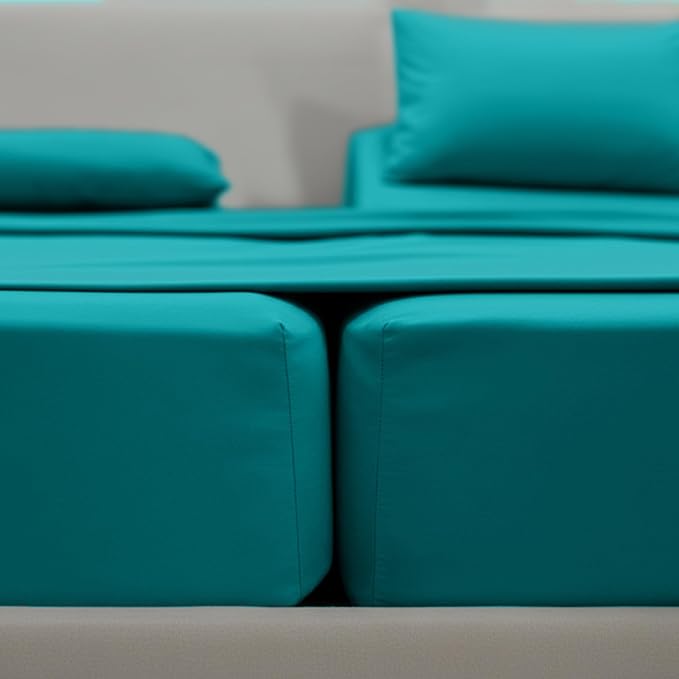 Elegant Comfort Luxurious 1500 Premium Hotel Quality Microfiber Three Line Embroidered Softest 5-Piece Bed Sheet Set, Wrinkle And Fade Resistant, Split King, Turquoise