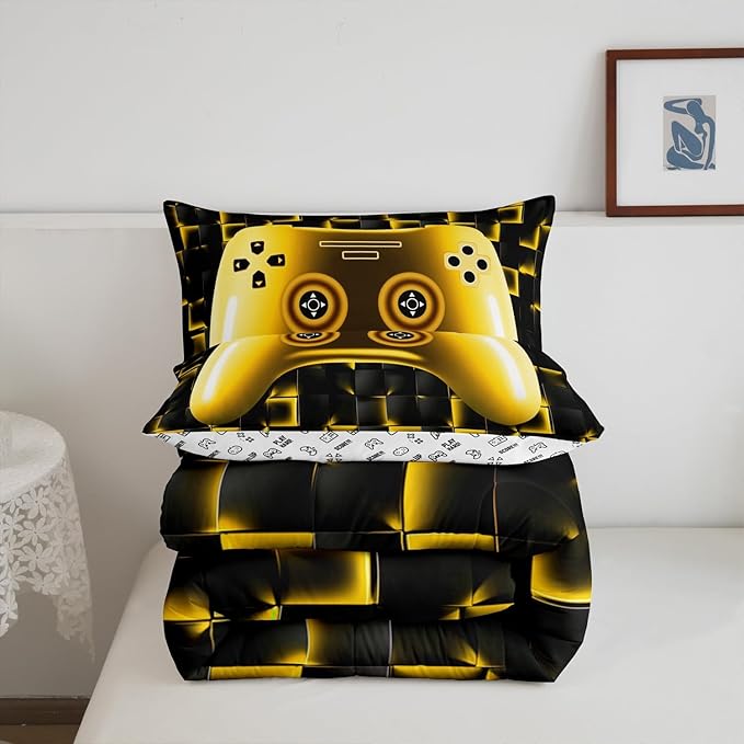 Erosebridal Kids Gamer Bedding Sets for Boys Queen Gaming Comforter Set Black Gold Geometric Game Console Grids Comforter for Teen Youth Men Video Game Bed Set Soft Lightweight for All Season
