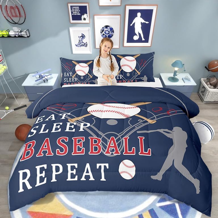 Castle Fairy Kids Baseball Gaming Twin Size Comforter Set,Softball Navy Blue Duvet Set Soft Bed Collection,Ball Games Sport Theme Bedding Comforter for Boys Girls Bedroom,2 Pcs