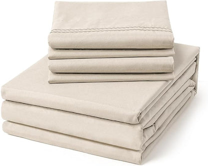 ClevaHome Full Size Sheet Set - 6 Piece Soft Breathable Luxury Bed Sheet Set - Shrinkage & Fade Resistant Embroidered Bedding Sheet with Deep Pocket, 2 Extra Pillowcases (Full, Oat Milk)