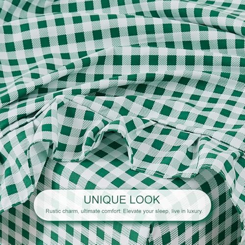 Gingham Queen Sheet Set, Lightweight Super Soft Brushed Microfiber Plaid Bed Sheets with 16" Deep Pocket, 4 Piece Ruffle Farmhouse Bedroom Decor, Green