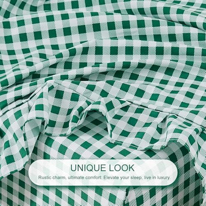 Gingham Queen Sheet Set, Lightweight Super Soft Brushed Microfiber Plaid Bed Sheets with 16" Deep Pocket, 4 Piece Ruffle Farmhouse Bedroom Decor, Green