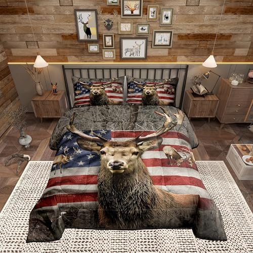 American Flag Deer Comforter Set Queen Size, Brown Wildlife Animal and Trees Theme Bedding Comforters for Children Adult, Colorful USA Flag Print Natural Polyester Duvet Set with 2 Pillowcases