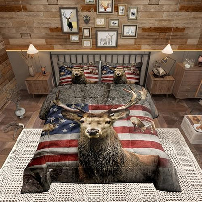 American Flag Deer Comforter Set Queen Size, Brown Wildlife Animal and Trees Theme Bedding Comforters for Children Adult, Colorful USA Flag Print Natural Polyester Duvet Set with 2 Pillowcases