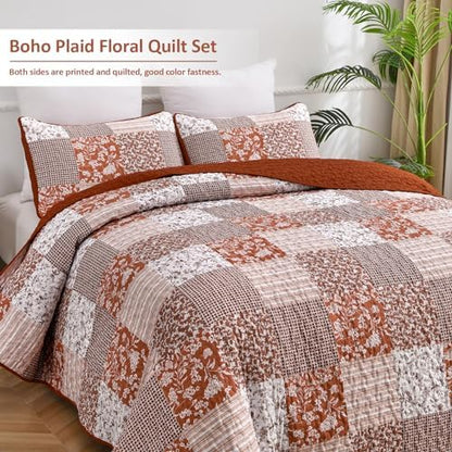 Mybedsoul Burnt Orange Boho Quilt King Size, Patchwork Floral Bedding Set