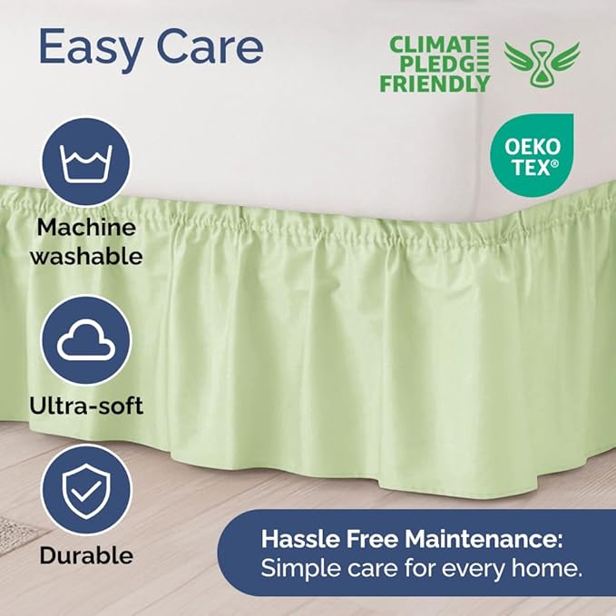 Wrap Around Dust Ruffle Bed Skirt - Light Sage - for King Size Beds w/ 15 Inch Drop - Easy Fit Elastic Strap - Adjustable Pleated Bedskirt w/Brushed Fabric - Wrinkle Free, Women, Men, Kids & Teens