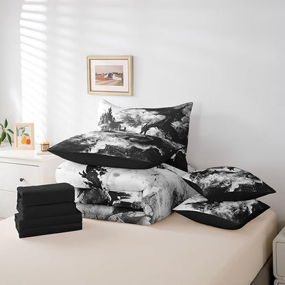 Erosebridal Gothic Dragon Comforter Set 7 Piece Bed in a Bag Twin,Black and White Vintage Fantasy Castle Bedding Sets Dark Sky Mythical Animal Sheet Set with Comforter