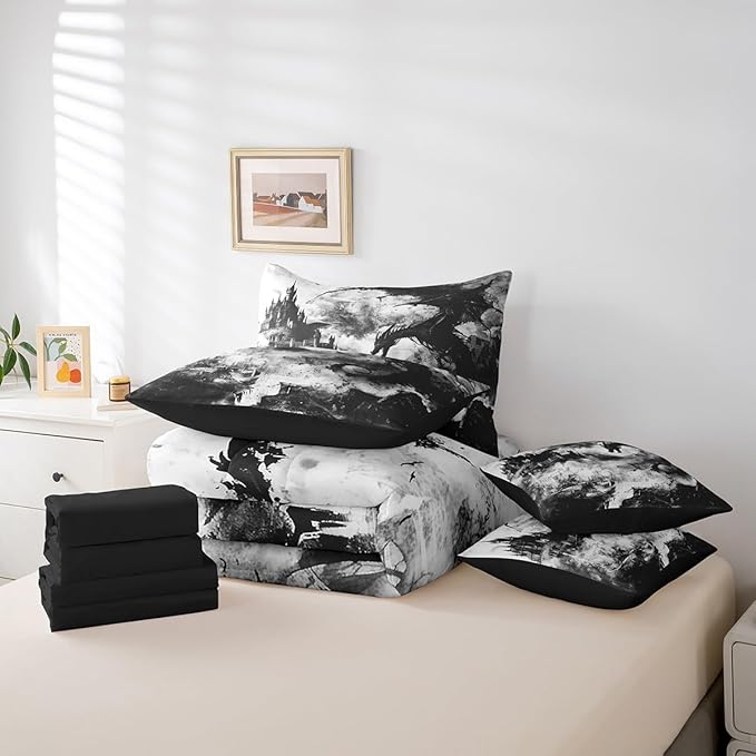 Erosebridal Gothic Dragon Bed in a Bag King Size Comforter Set 7 Pieces,Black and White Vintage Fantasy Castle Bedding Sets Dark Sky Mythical Animal Sheet Set with Comforter