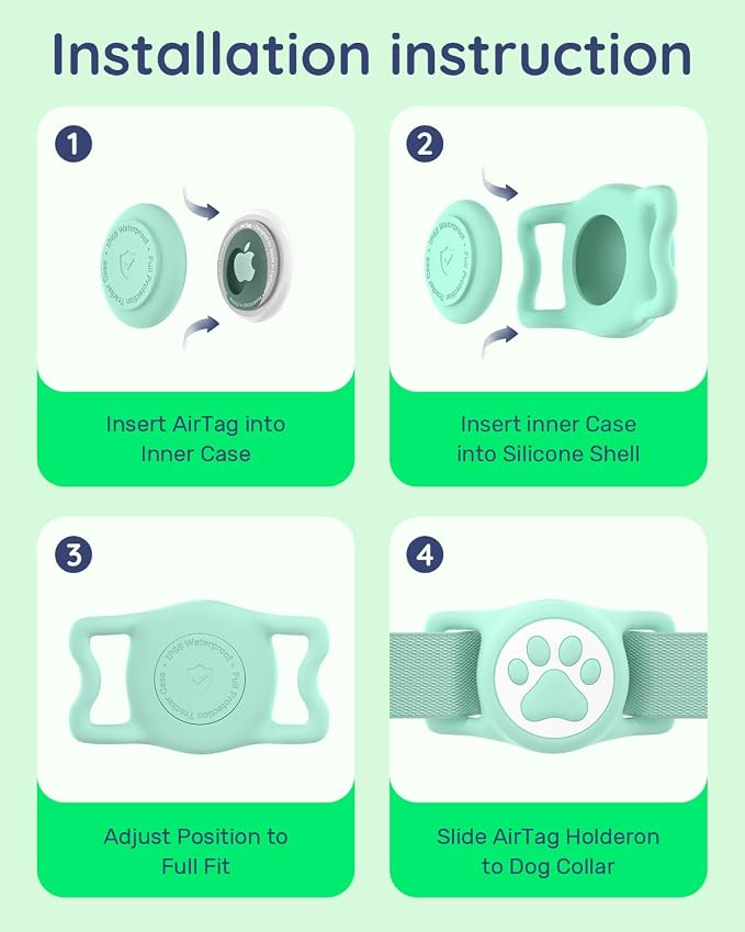 IP68 Waterproof Dog AirTag Holder for Dog Collar, Soft, Stretchy Silicone | Full-Body Protection, Easy Tool-Free Installation, Quiet, No-Dangle Fit, Lightweight, Fits Dog & Cat Collars of All Widths