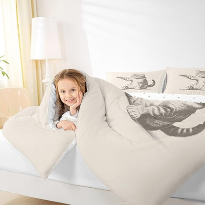 Erosebridal Cat Comforter Set Queen Size Sketch Animal Bedding Set for Kids Boys Girls Kawaii Kitten 3D Cute Beige Black Comforter Warm Soft Quilt Insert