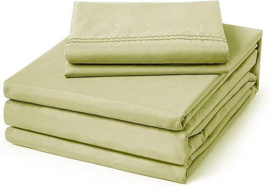 ClevaHome Twin Size Sheet Set - 4 Piece Soft Breathable Luxury Bed Sheet Set - Shrinkage & Fade Resistant Embroidered Bedding Sheet with Deep Pocket, 2 Extra Pillowcases (Twin, Leaf Green)