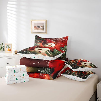 Winter Snowman Comforter Set 7 Pieces,Merry Christmas Trees Flowers Bed Set,Happy New Year Bedding Bed in a Bag Soft,King (1 Comforter,2 Pillowcase,2 Pillow Covers,1 Flat Sheet,1 Fitted Sheet)