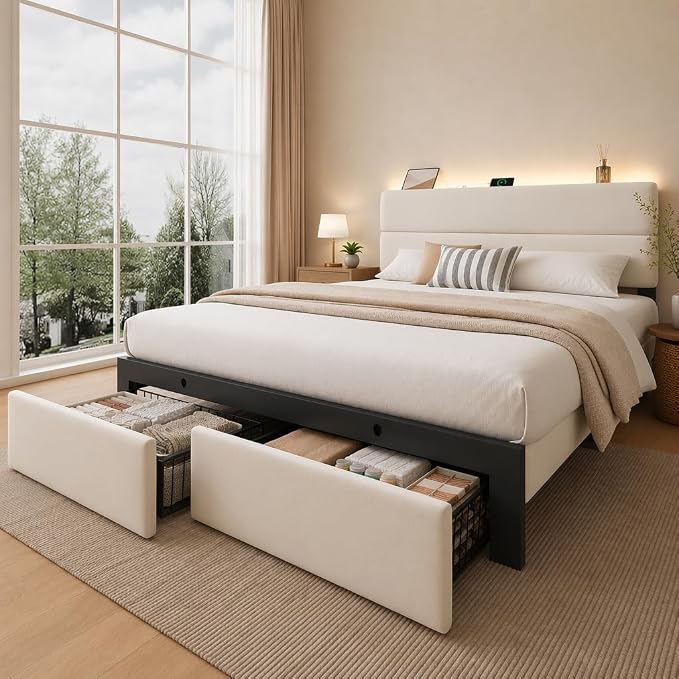 Queen Bed Frame with 2 Storage Drawers, Beige Velvet Upholstered | Platform Bed with Charging Ledge, LED Headboard Lighting, Metal Support, Noise Free, No Box Spring Needed, Easy Assembly
