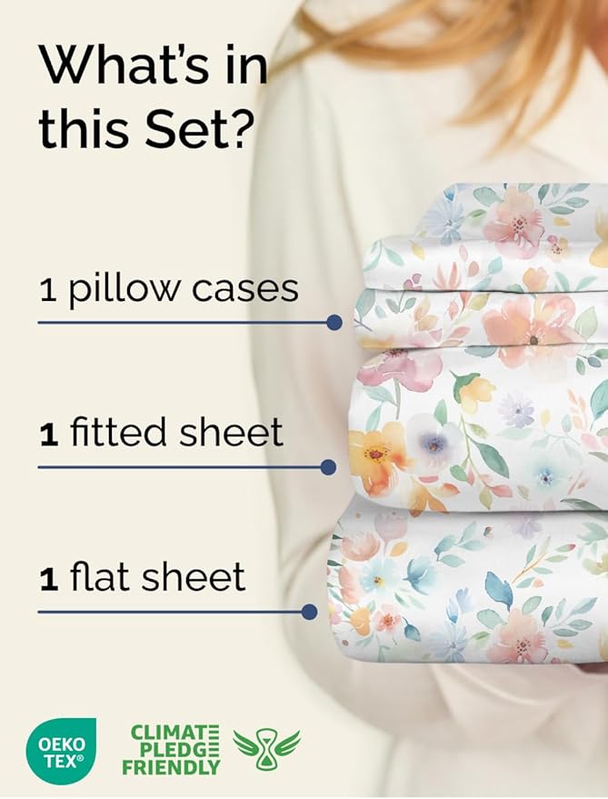 Floral Sheets - Flower Print Bed Sheet Set - 1 Flat, 1 Fitted & 1 Pillowcase w/ Deep Pockets - Comfy, Cozy, Wrinkle & Fade Free - Boho Botanical Bedding - Soft, Breathable & Cooling - Twin Size Set