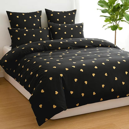 Heart Comforter Set Queen 3 Pieces Black Gold Love Heart Bedding Set for Girls Boys Modern Aesthetic Comforter with 2 Pillowcases, Lightweight Soft 100% Microfiber