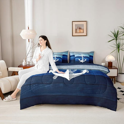 7 Pcs Sailing Anchor Bedding Sets Gradient Blue Wooden Stripes Comforter Set for Kids Teens Adults Bed in a Bag(Comforter,Flat Sheet,Fitted Sheet,2 Pillowcases,2 Pillow Covers) Queen Size
