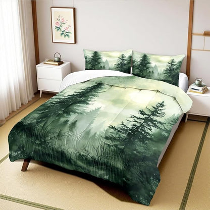 Olive Green Botanical Comforter Set Queen Size Green Woodland Forest Tree Comforters Ombre Nature Landscape Bedding Set Army Green Pine Trees Bedding Ultra Soft Microfiber