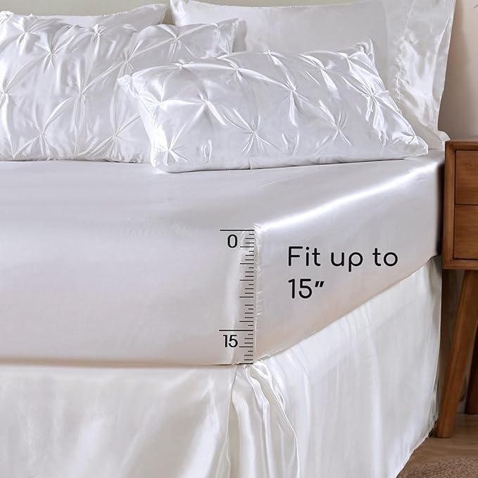 MR&HM Satin Comforter California King 7 Pieces White - Luxurious Pinch Pleat Bedding Set with Comforter, Flat Sheet, Fitted Sheet, Pillowcases & Shams, Super Silky Soft Bed Set for All Season