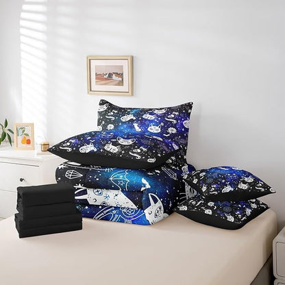 Castle Fairy Gothic Cat Skull Comforter Set 7 Pieces Full Size,Blue Galaxy Starry Bedding Set for Kids,Boho Constellation (Comforter+Fitted+Flat Sheet+2 Pillowcases+2 Throw Pillow Covers)