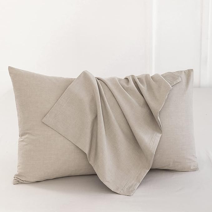 MooMee Bedding Pillowcases Pack of 4 100% Washed Cotton Linen Like Textured Breathable Durable Soft Comfy (Heathered Tannish Linen Grey, King)