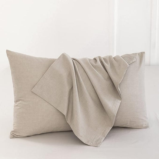 MooMee Bedding Pillowcases Pack of 4 100% Washed Cotton Linen Like Textured Breathable Durable Soft Comfy (Heathered Tannish Linen Grey, King)