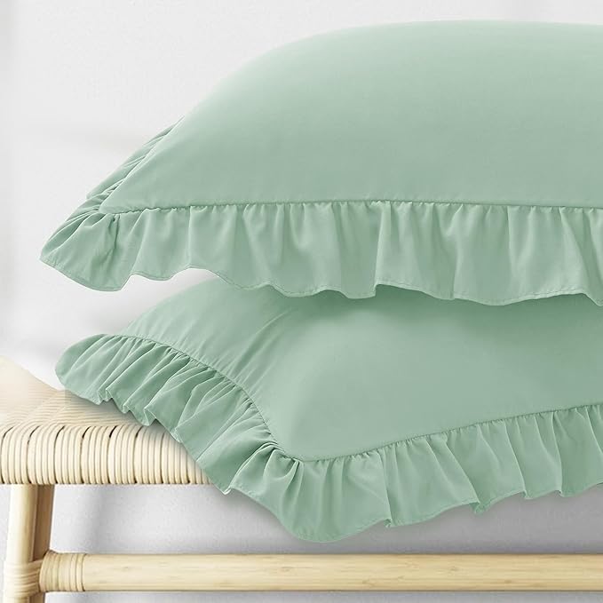 KKJIAF Ruffle Pillow Cases Queen Size Set of 2, Ruffled Pillow Covers with Envelope Closure, Wrinkle Resistant Pillowcases 20" x 30", Sage Green