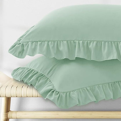 KKJIAF Ruffle Pillow Cases Queen Size Set of 2, Ruffled Pillow Covers with Envelope Closure, Wrinkle Resistant Pillowcases 20" x 30", Sage Green