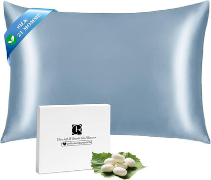 Ravmix Silk Pillow Cases with Zipper, 21momme Mulberry Silk Pillowcase for Hair Skin Health, Soft Smooth Breathable Cool Pillow Cover for Beauty Sleep with Gift Box 1PC(King 20"x36", Flint Blue)