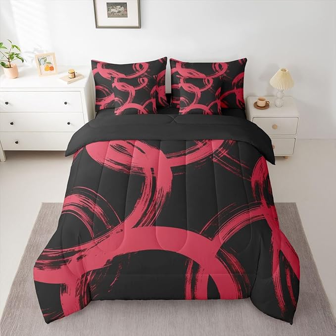 Erosebridal Black and Red 7 Piece Comforter Set Queen Abstract Line Ink Painting Bedding Set for Kids Boys Girls Simple Minimalist Graffiti Art Modern Geometric Sheet Set Boho Cool Unique Mens Quilt