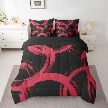 Erosebridal Black and Red 7 Piece Comforter Set King Abstract Line Ink Painting Bedding Set for Kids Boys Girls Simple Minimalist Graffiti Art Modern Geometric Sheet Set Boho Cool Unique Mens Quilt