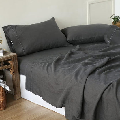 Simple&Opulence 100% French Linen Pillowcase King Size-Set of 2- Washed Solid Color Pillow Cases Embroidered -Soft and Durable (Dark Grey, 20''x40'')