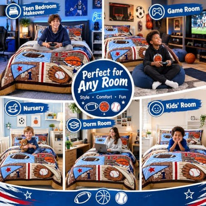 Cartoon Basebll American Football Comforter Set for Kids Boys Teens Ball Sports Theme Bedroom Decor Cartoon Plaid Stripes Quilted Duvet Retro Geometric Blue Brown Bedding Comforter King Size 3Pcs
